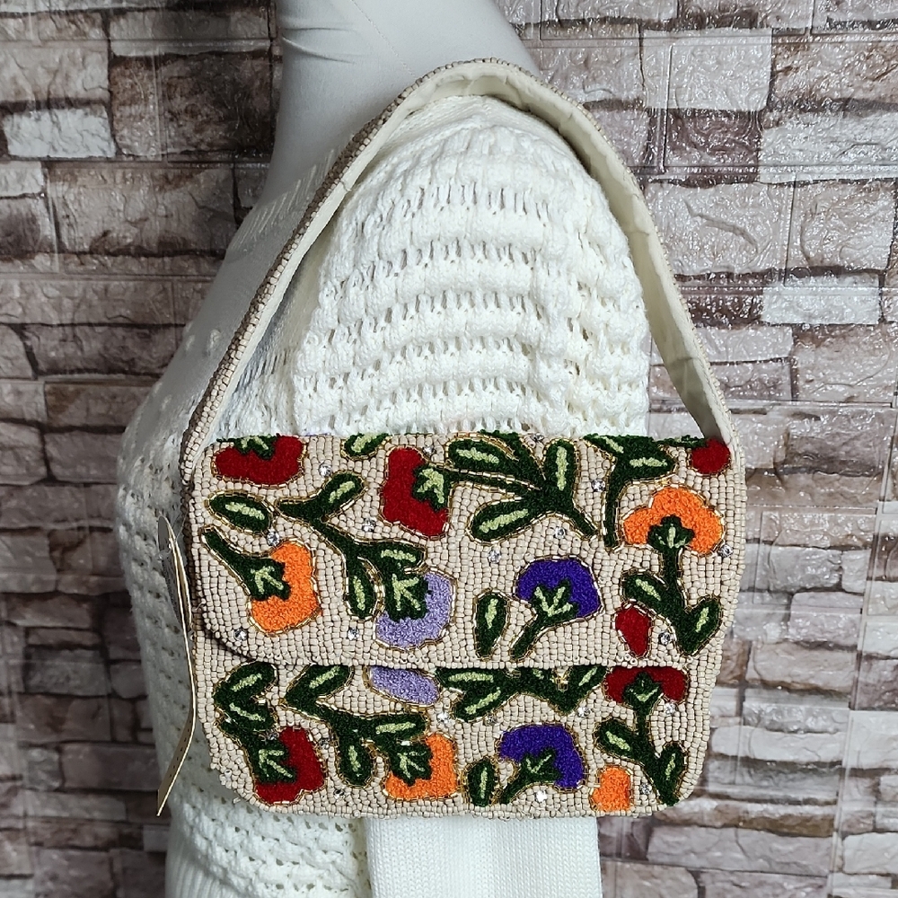Studio 12 Hand Floral Embroidered Beige Handbag Brand New